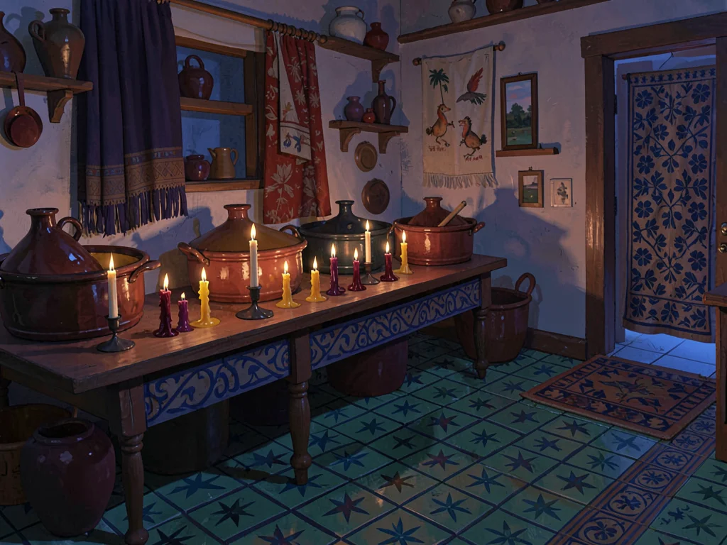 Wax-glazed candlemaker's workshop at twilight with one row of dipped candles glo
