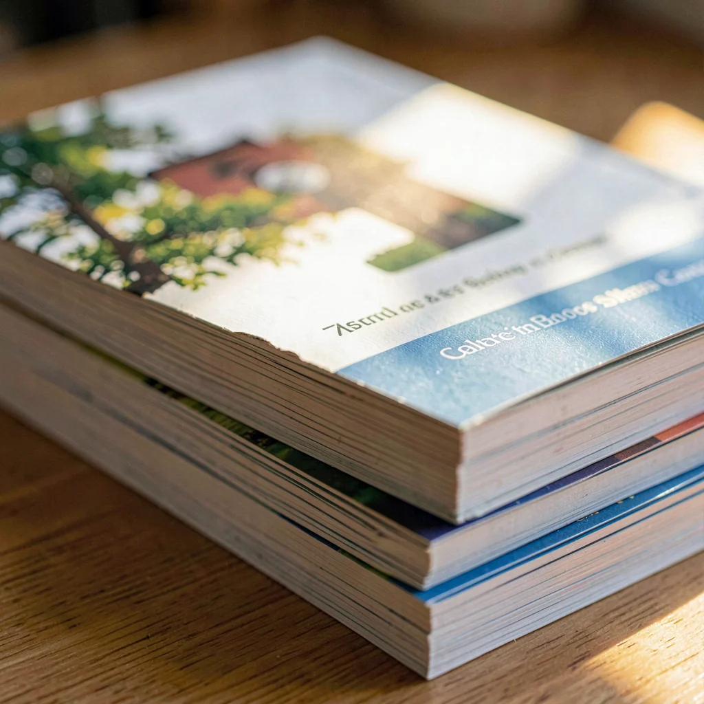 Macro of a stack of college brochures pressed together, side-lit deckle edges