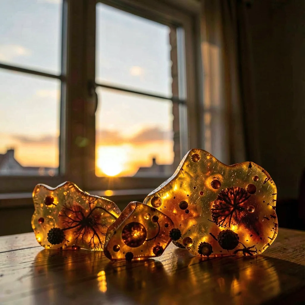 Baltic amber luminescence, backlit golden-brown, Sunset through a window, room b