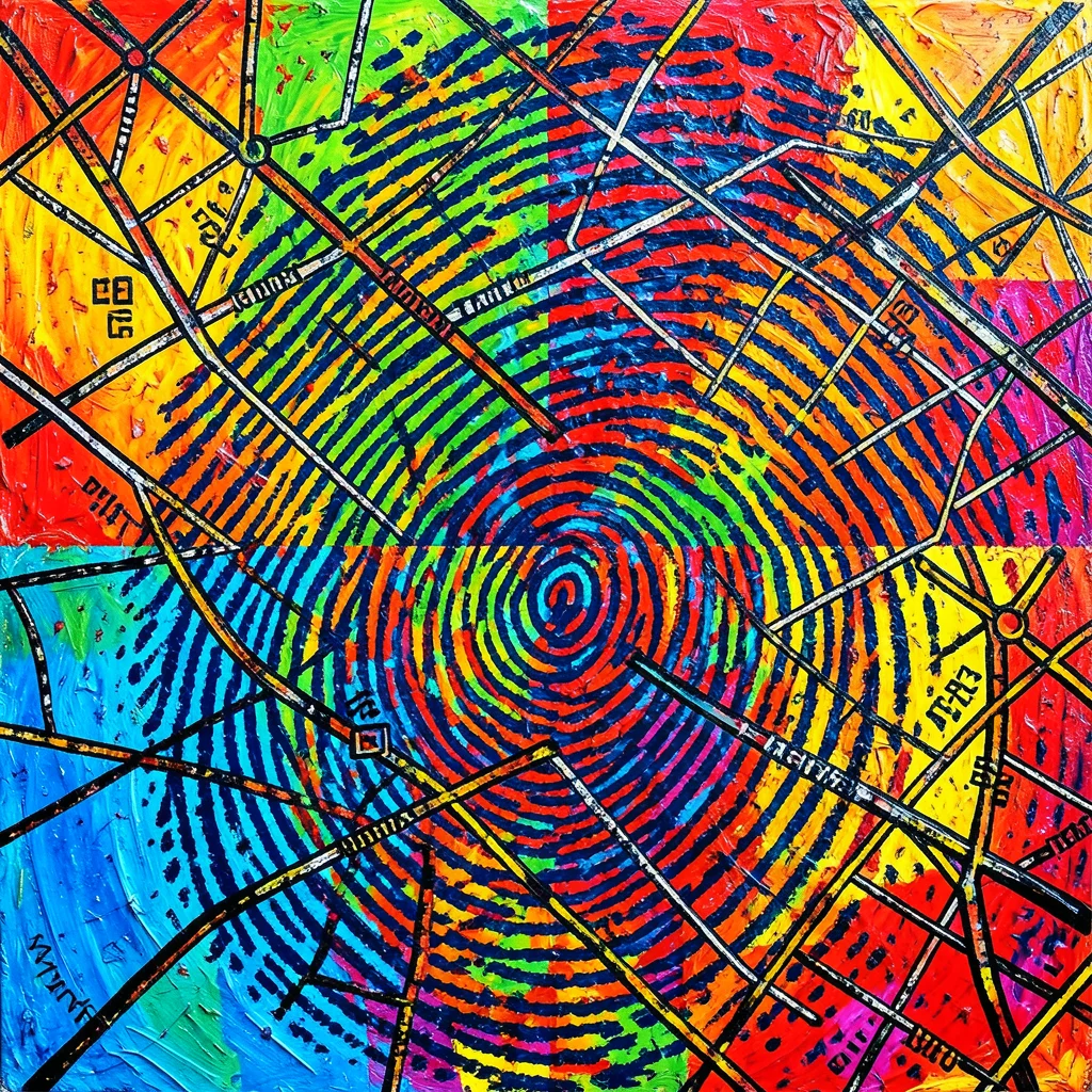 Fingerprint pattern filled with city map streets and intersections, double expos