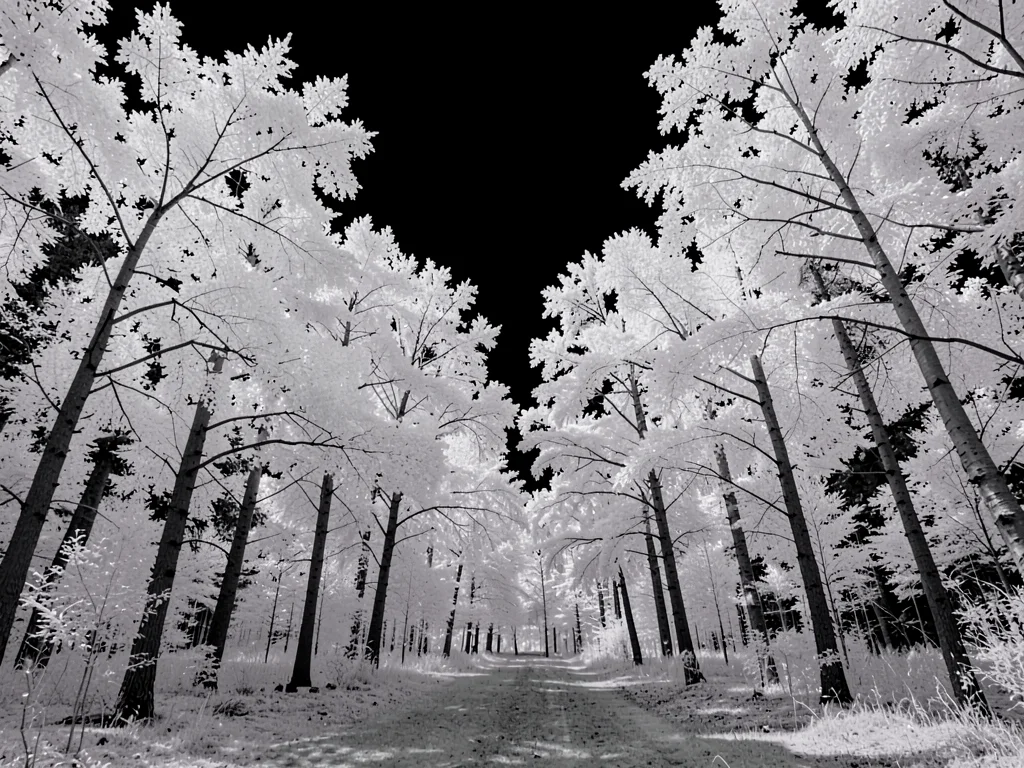 Forest with white foliage black sky