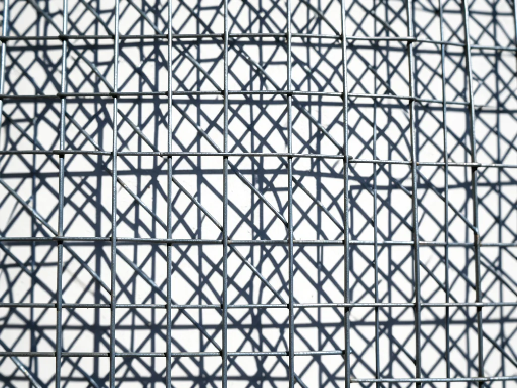 Wire mesh shadow on white wall, sunlight projecting the grid pattern as crisp ge