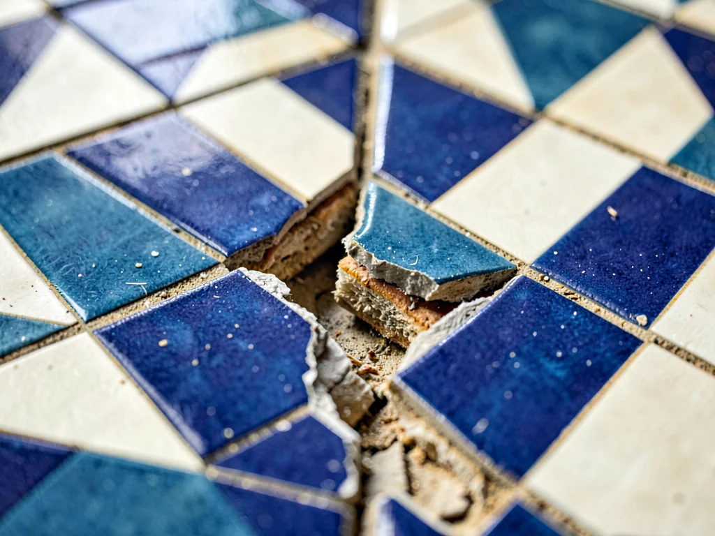 Chipped tile revealing layers beneath current surface