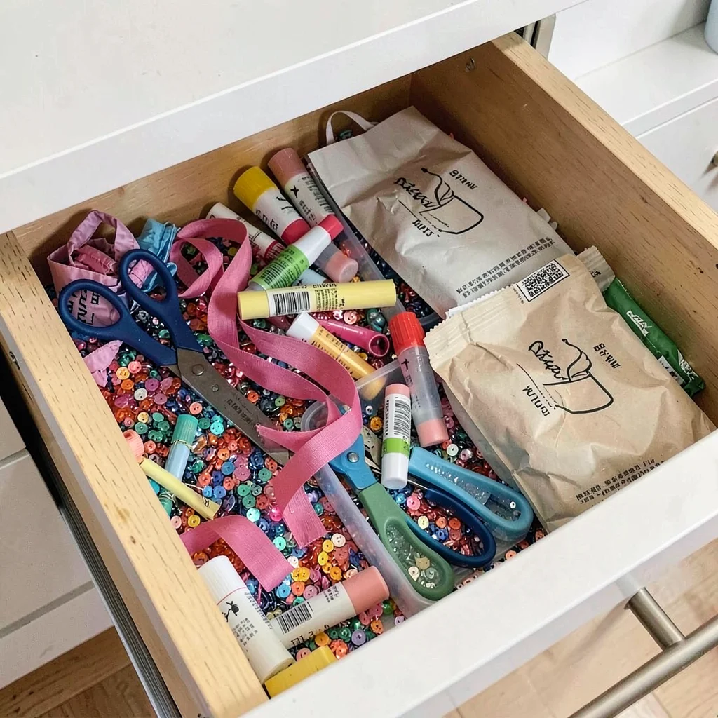 Craft supply drawer open revealing ribbons tangled with scissors, glue sticks, s