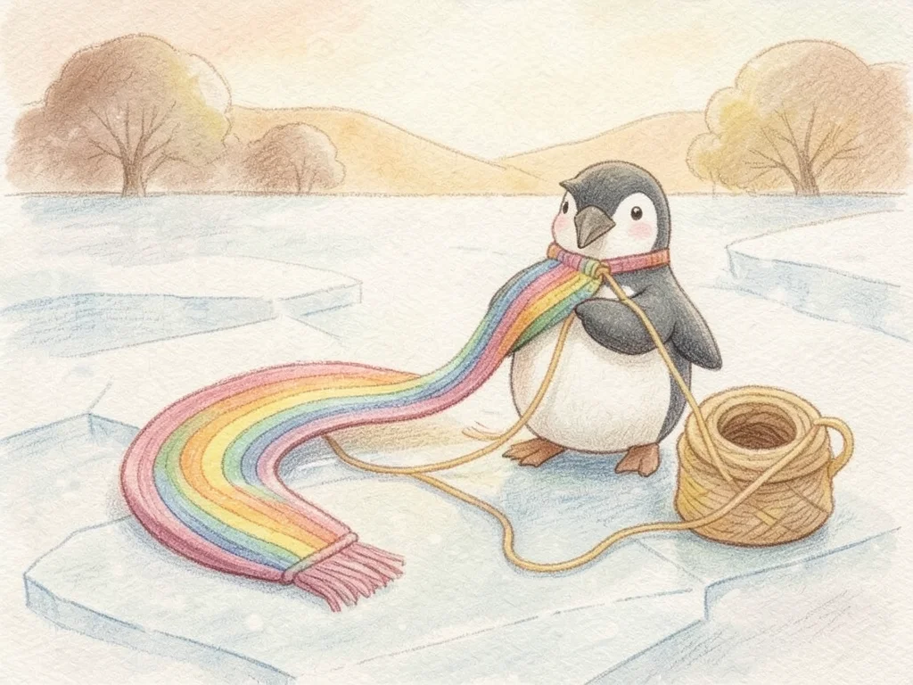 A penguin knitting a very long rainbow scarf that trails behind it across the ic