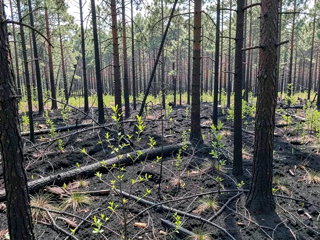 Five-year recovery showing young forest on black