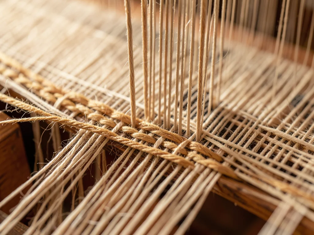 A weaving loom at macro: warp threads in tension, the weft being beaten into pla