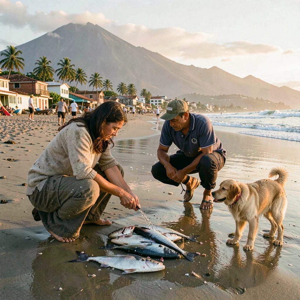 Pupusería golden hour in El Salvador, A fisherman cleaning his catch on the beac