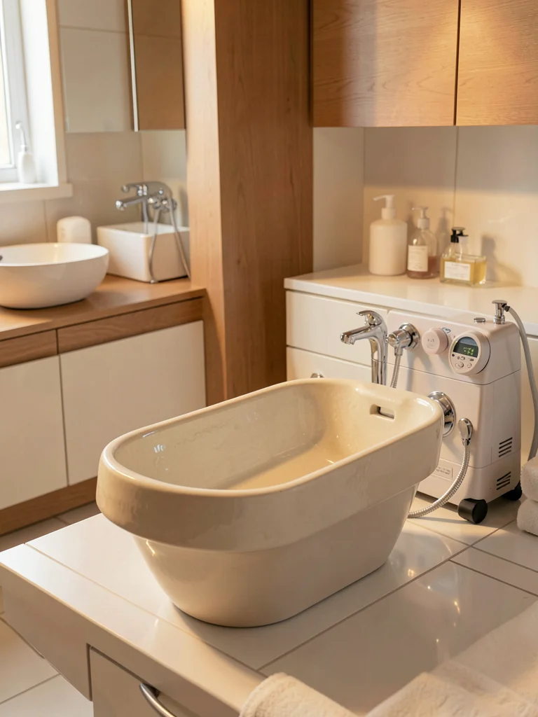 Bedpan reimagined in glazed ceramic, warm bathroom setting, dignified medical ob