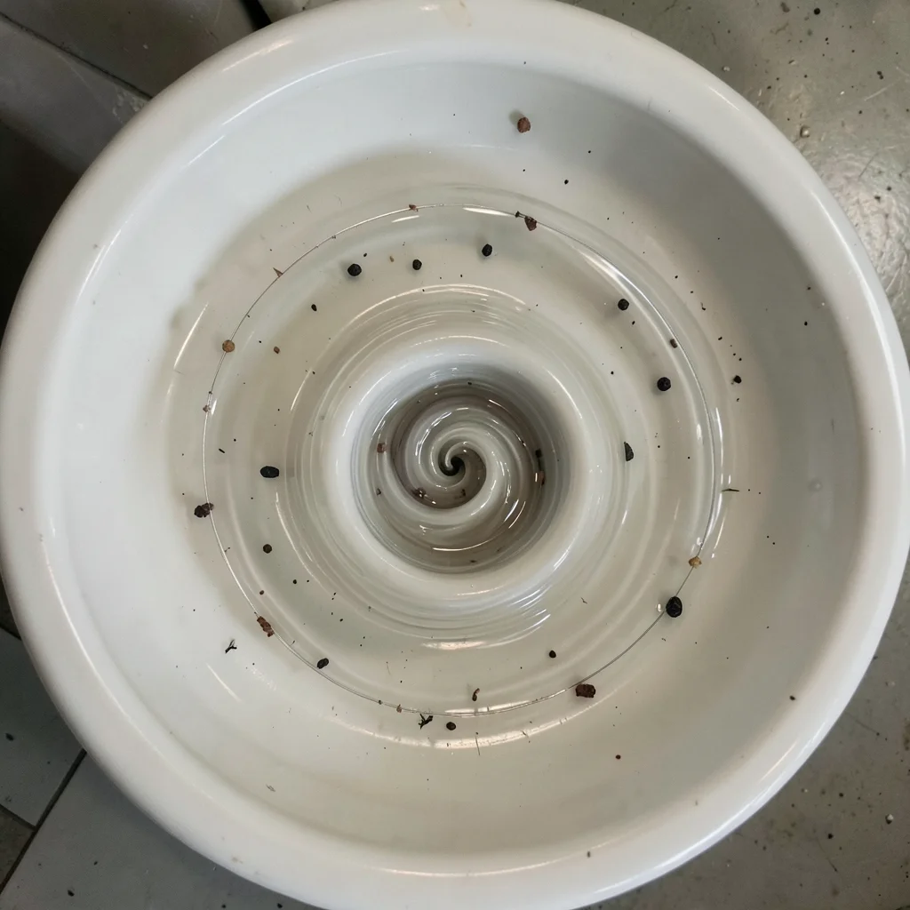 Vortex forming in draining tub, perfect spiral, small objects orbiting, overhead