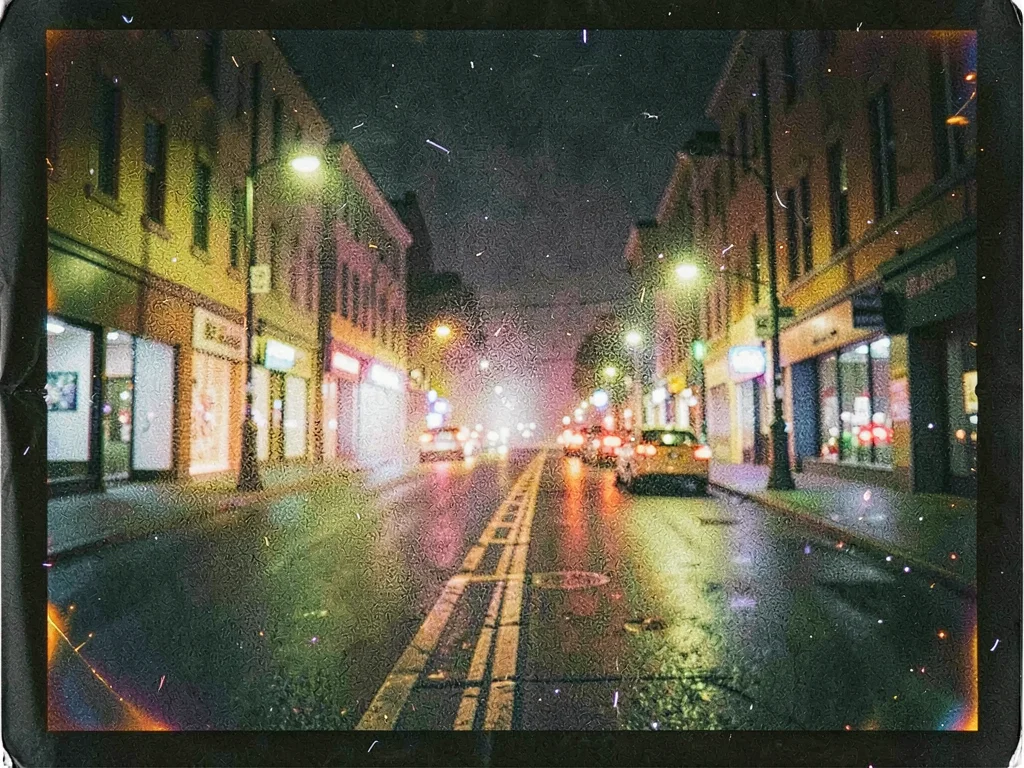 Street at night with grain explosion