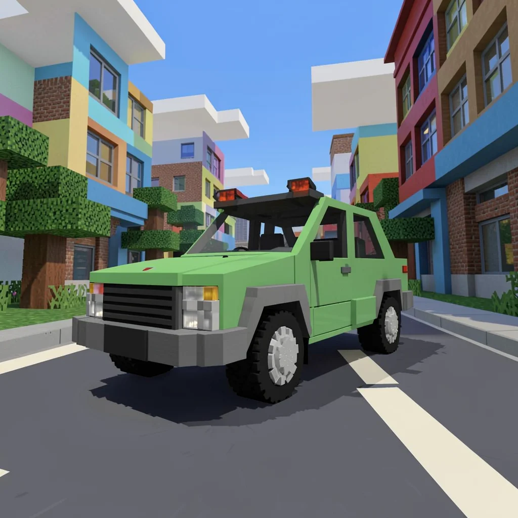 Voxel 3D illustration, voxel car on city street , cubic voxel construction, bloc