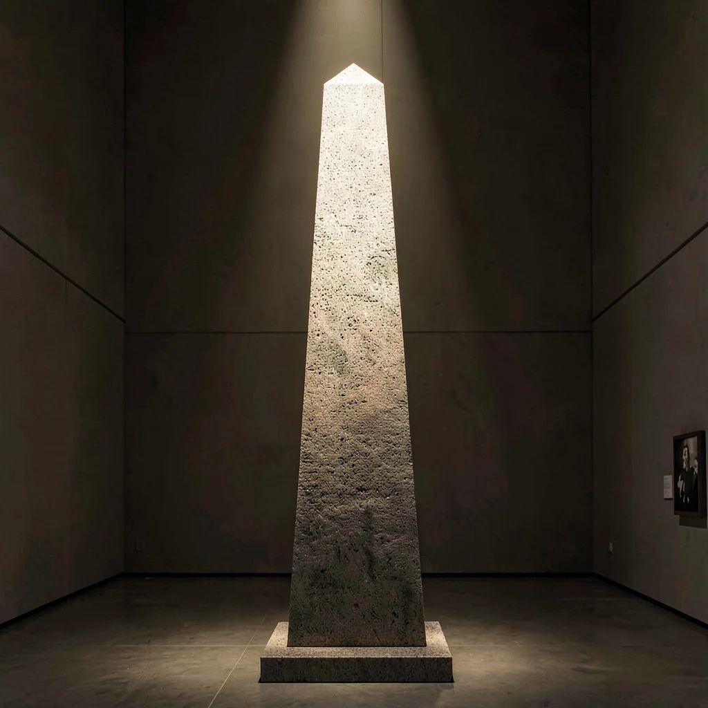 Vertical study of a tall granite obelisk catching a single beam of overhead ligh