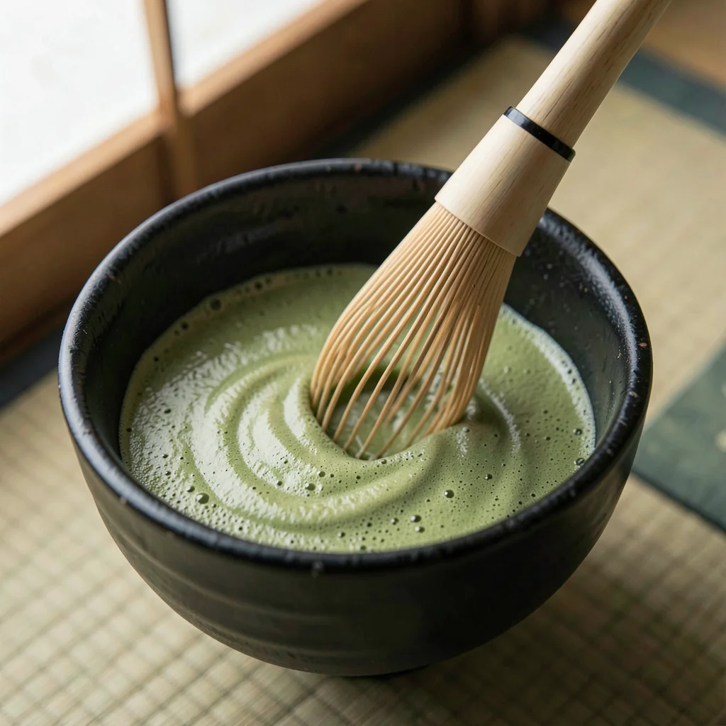 Chasen whisk creating matcha foam overhead
