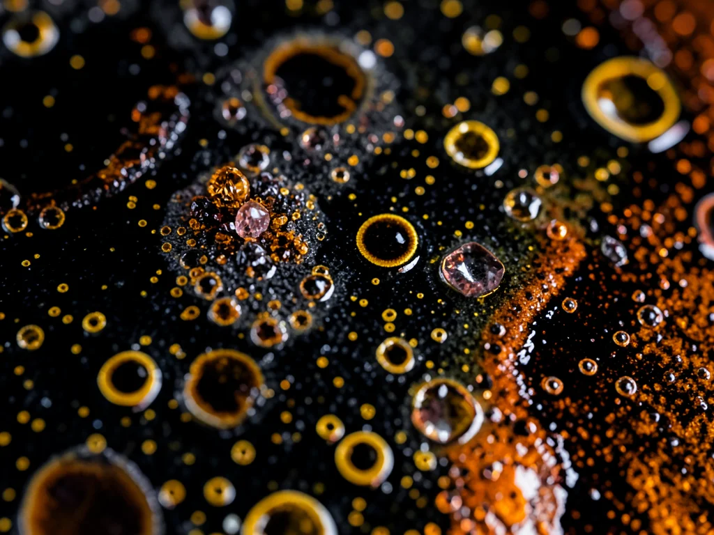 Tenmoku black glaze with oil-spot effect, golden metallic circles floating in da