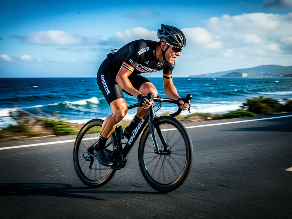 Cyclist in aerodynamic gear racing along a coastal road, ocean in background