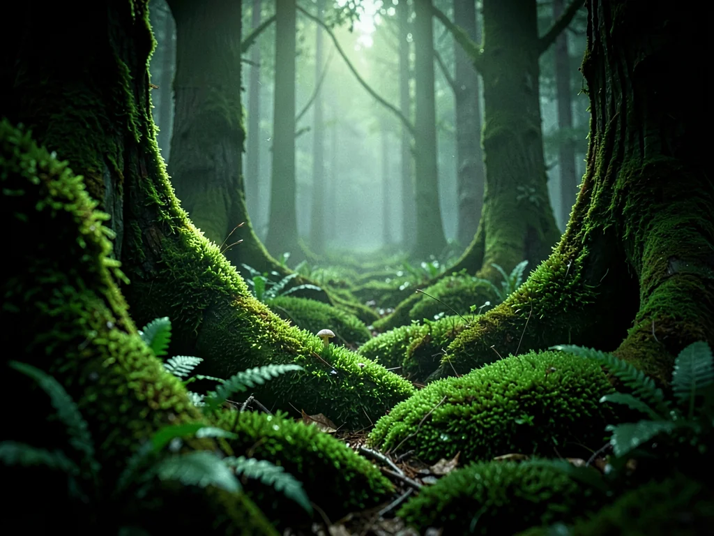 Moss in low light glowing with ambient