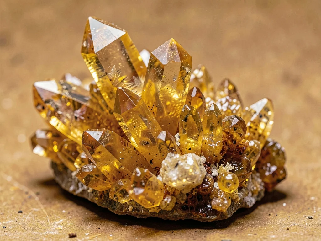 Citrine crystal cluster in golden amber