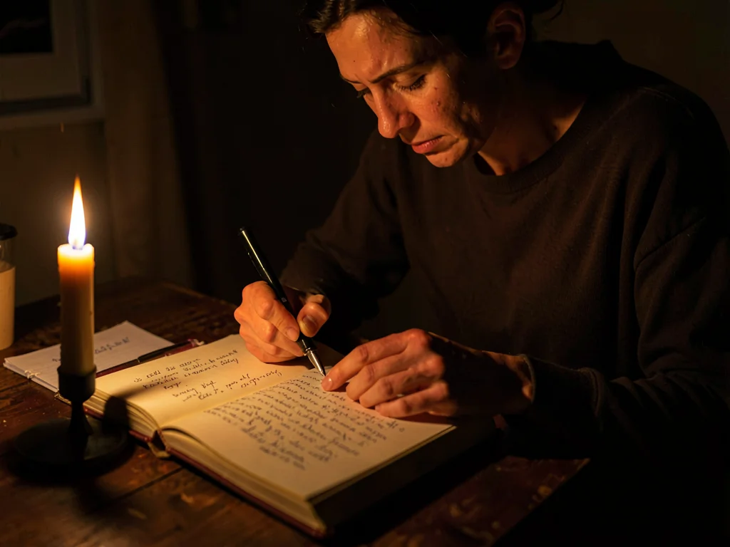 Person writing in journal by candle, the private record-keeping, shadows of thou