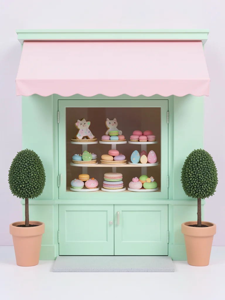 A perfectly symmetrical pastel bakery storefront — mint green facade, pink awnin