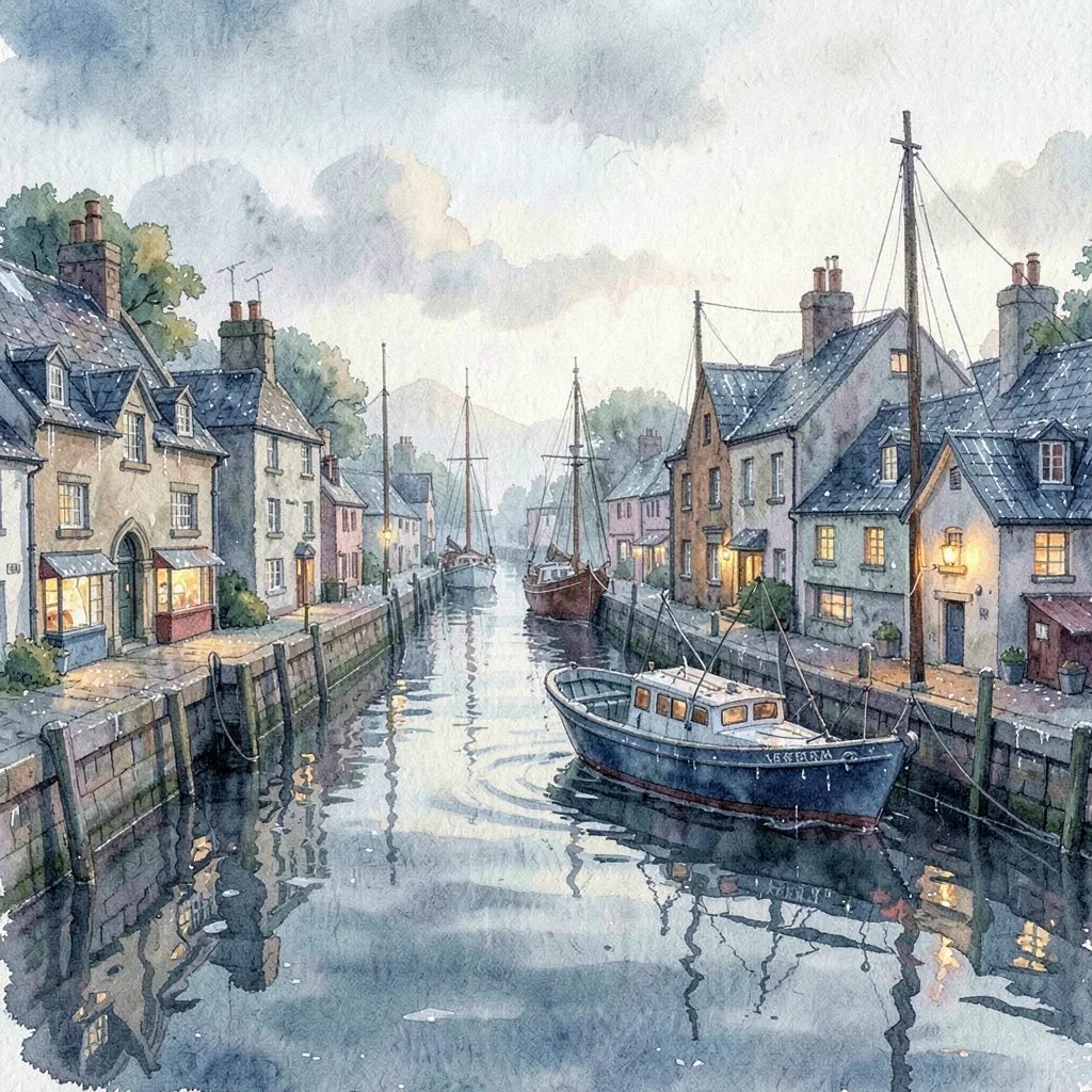 Cinematic plate of a small harbor town at first light, slate roofs glistening wi