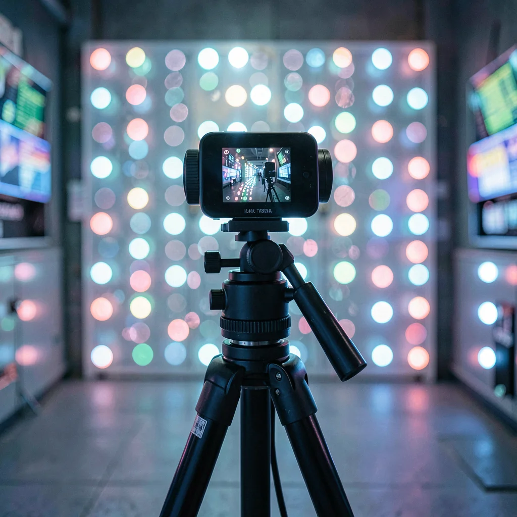 Vertical cyberpunk-tinted shot of a webcam on a tripod with bokeh LED background