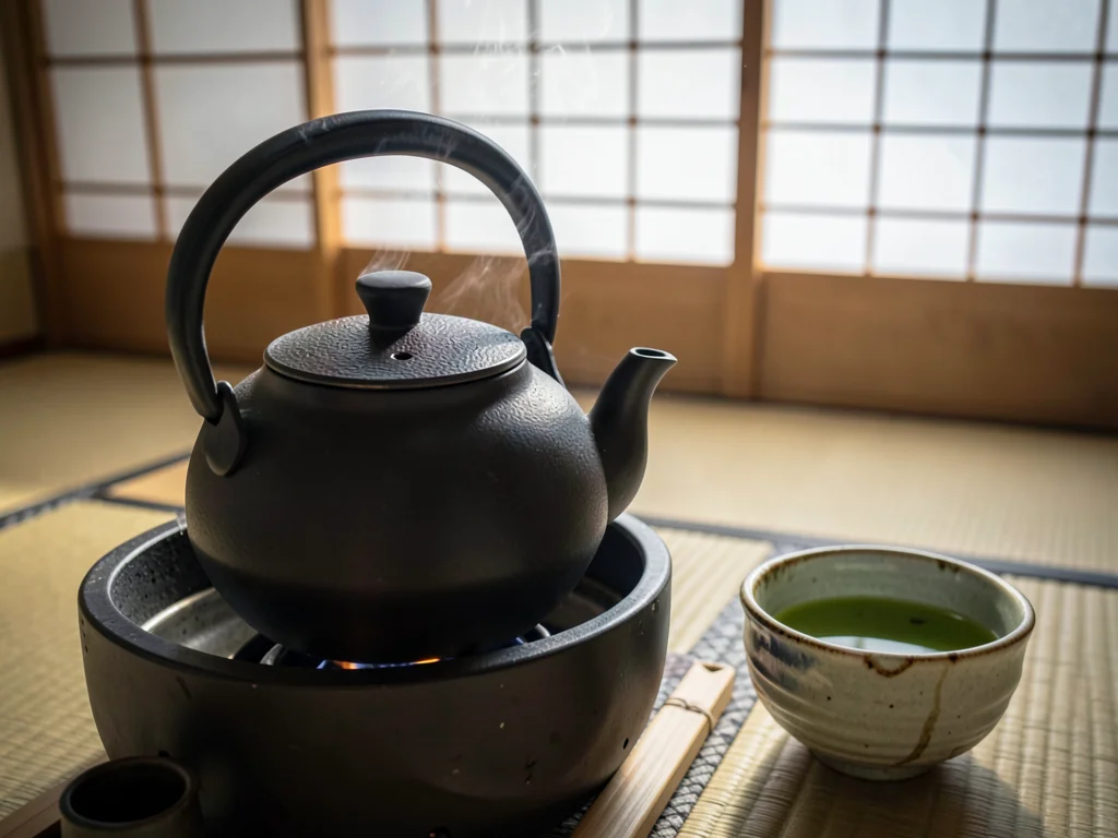 Iron tetsubin kettle with rising steam