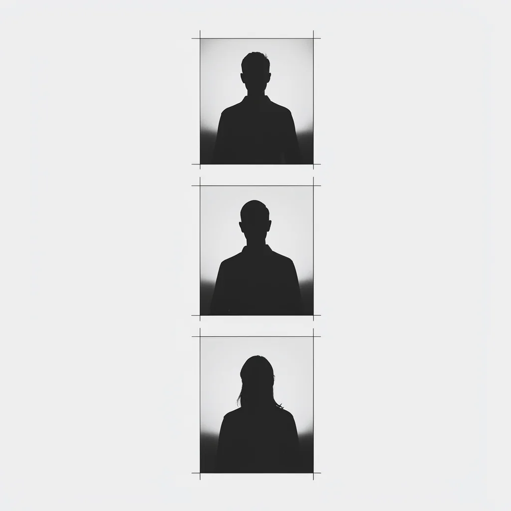 Vertical layout of three stacked story-frame silhouettes climbing the frame, hai