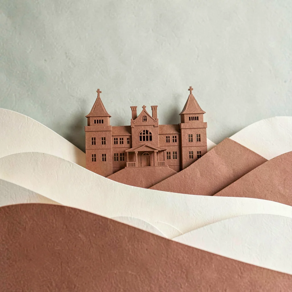 Papercraft composition of a layered paper-cut heritage manor silhouette across c