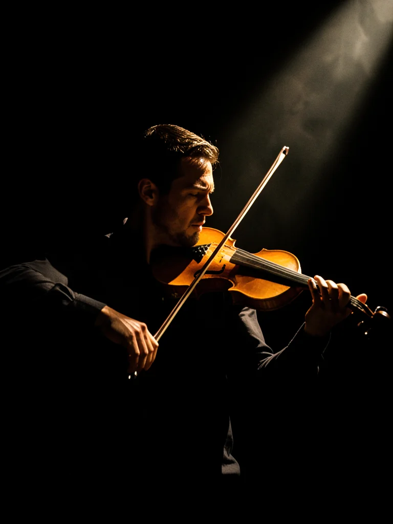 A violinist mid-performance, harsh spotlight from upper right, the instrument's 