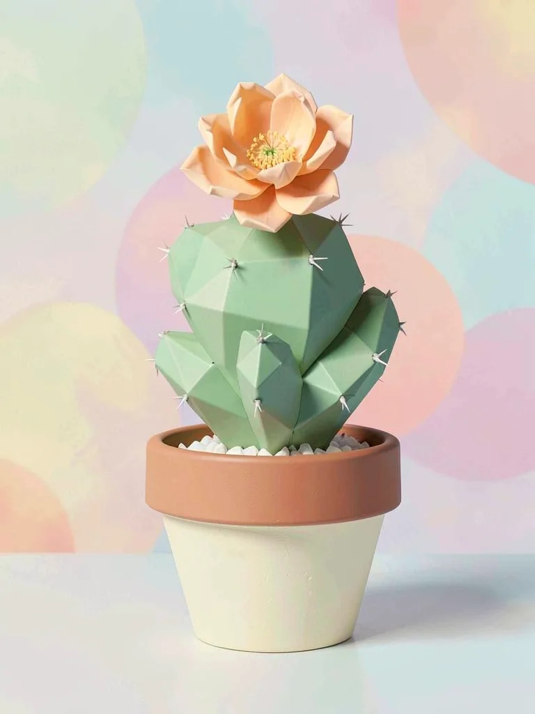Potted faceted mint lowpoly cactus with chunky peach blossom on top and a cream 