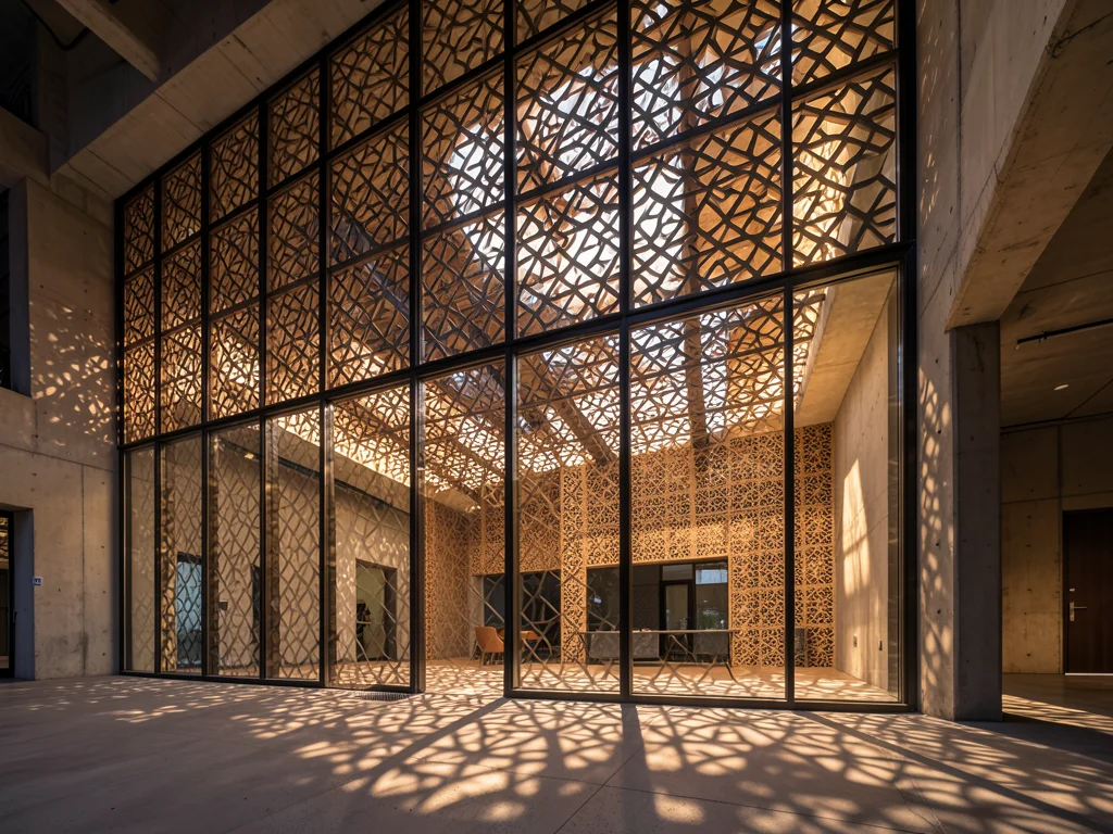 Modern glass building with mashrabiya-inspired screen facade, geometric shadows 