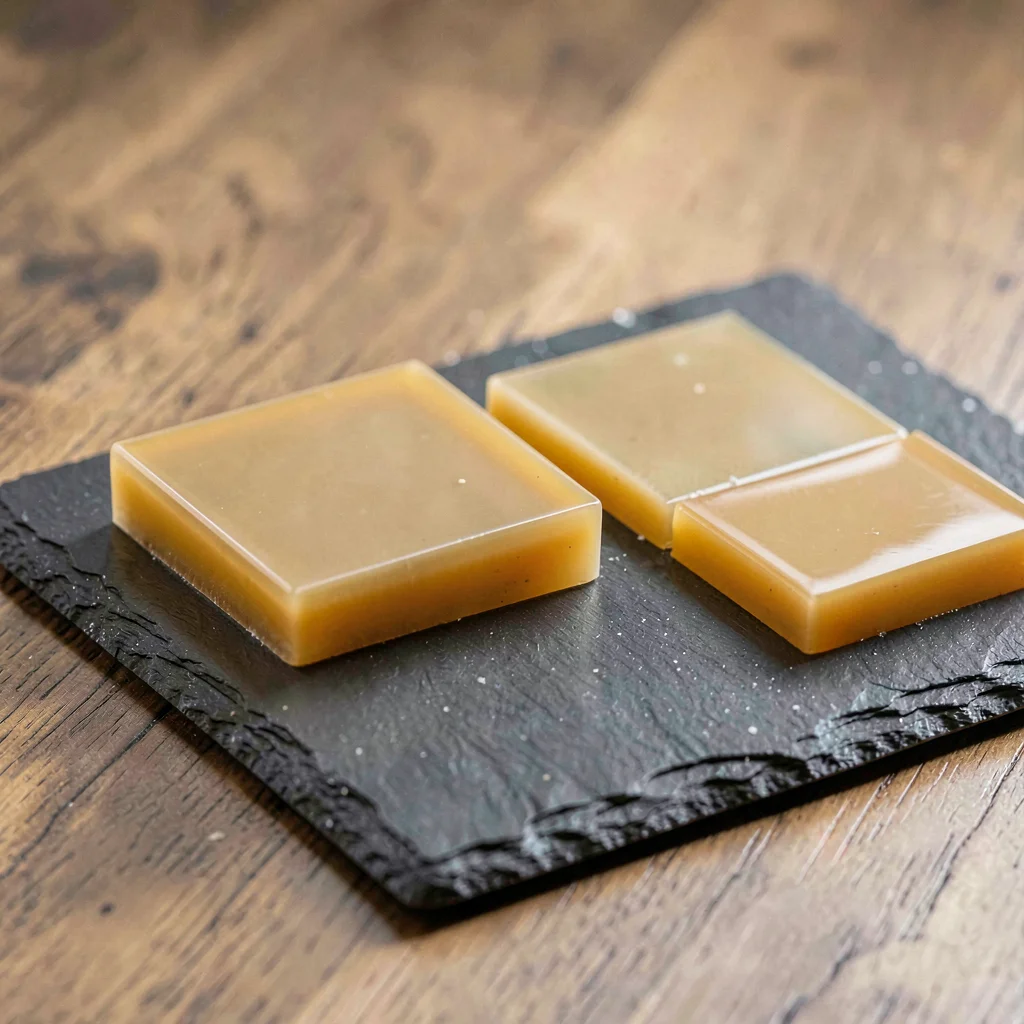 Three glaze test tiles arranged on a slate slab, hard rim light