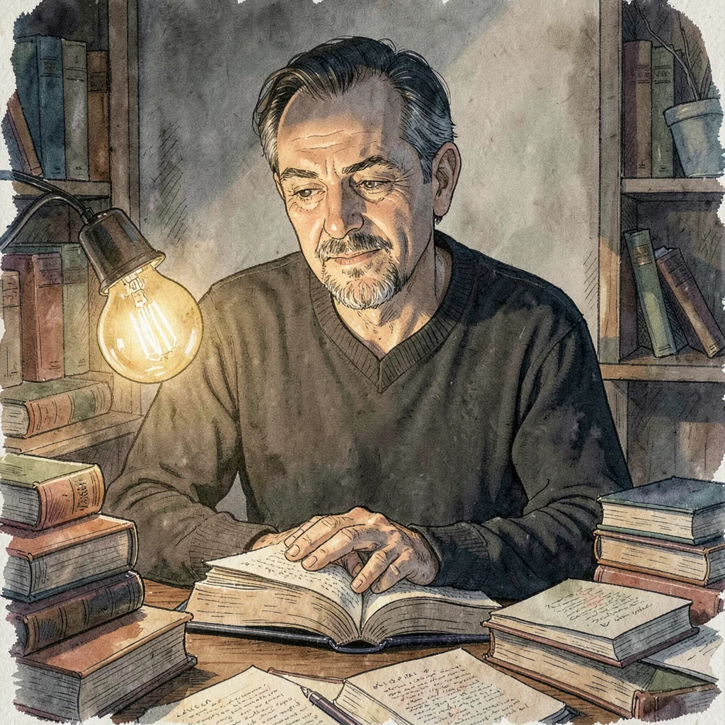 Lamplit portrait of a reader at a desk strewn with books, golden bulb pulling ou