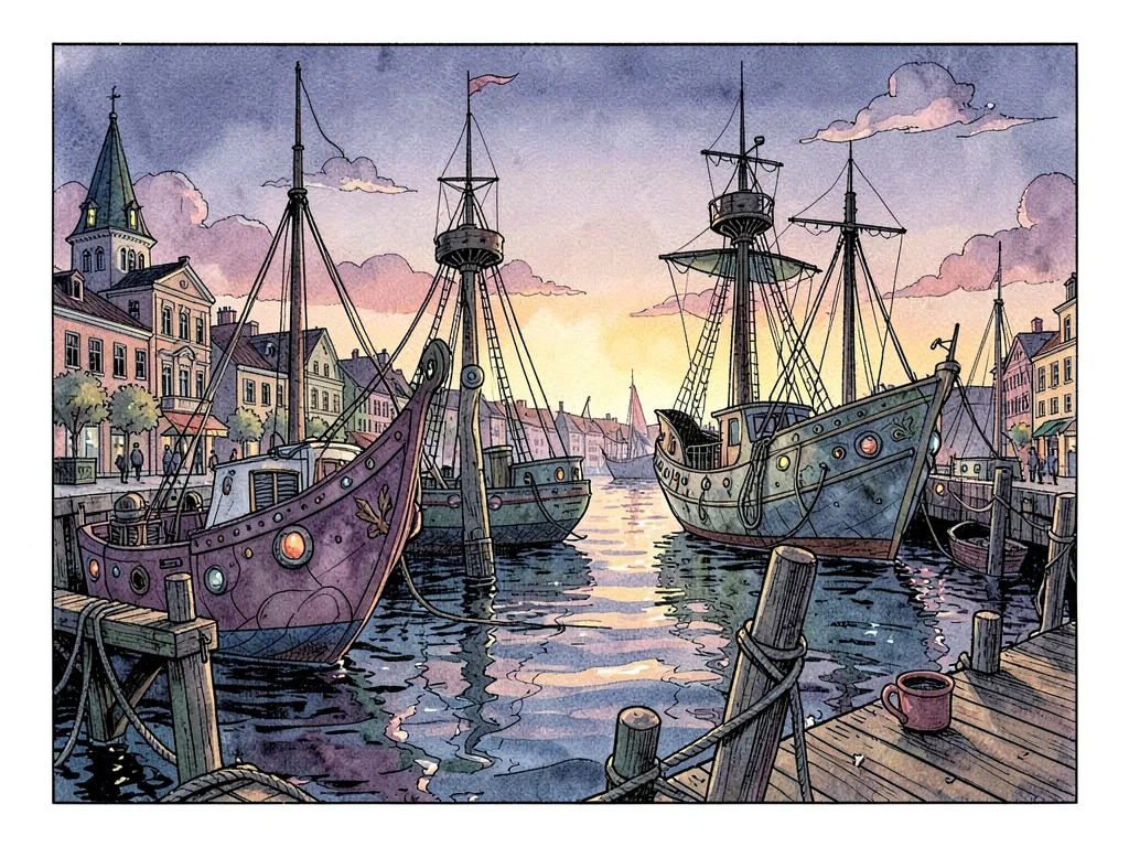 Organic ships at twilight harbor