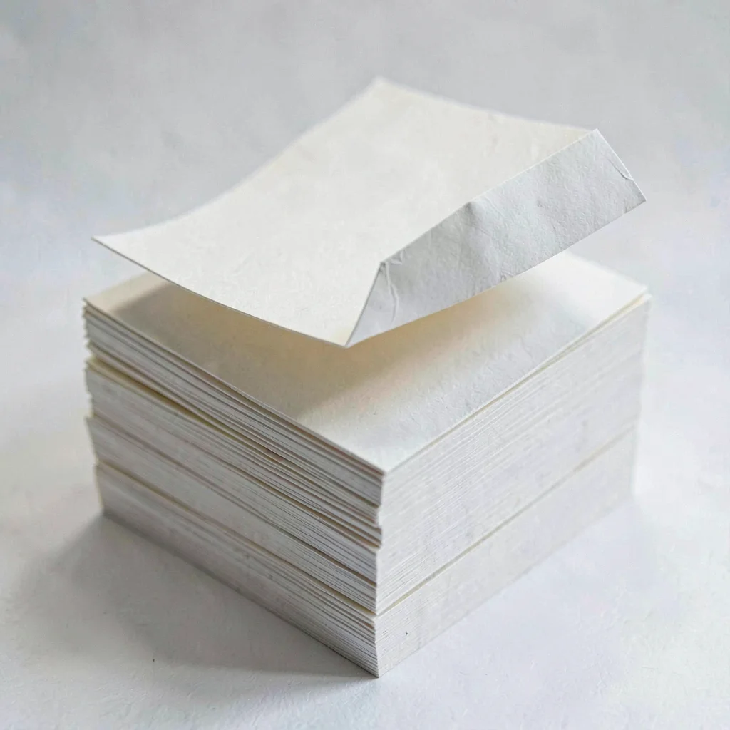 Stacked paper squares pressed into a thick monolith, top sheet peeling open like