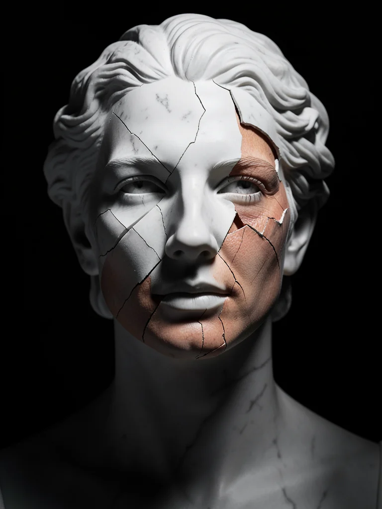 Marble statue face cracking to reveal real human skin underneath, dramatic light