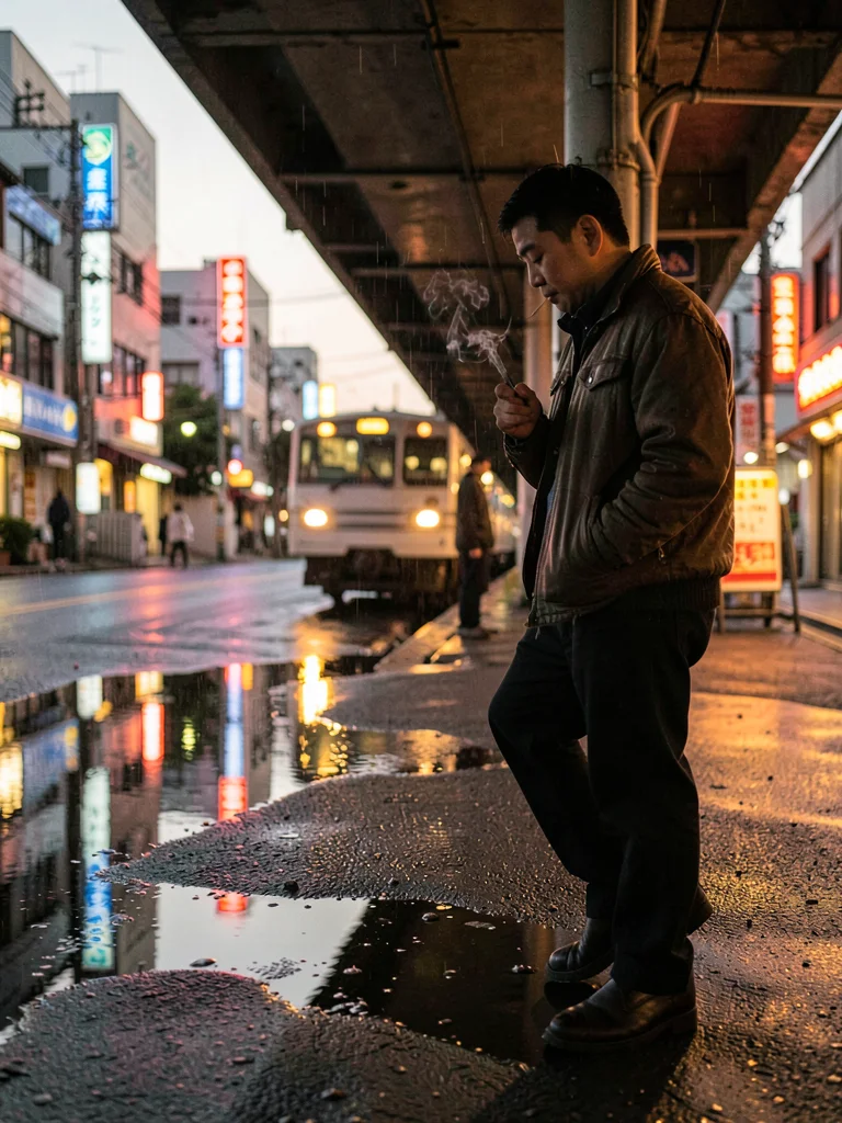 Man smoking under an overpass at dusk — long shadow, puddle mirror, defocused tr