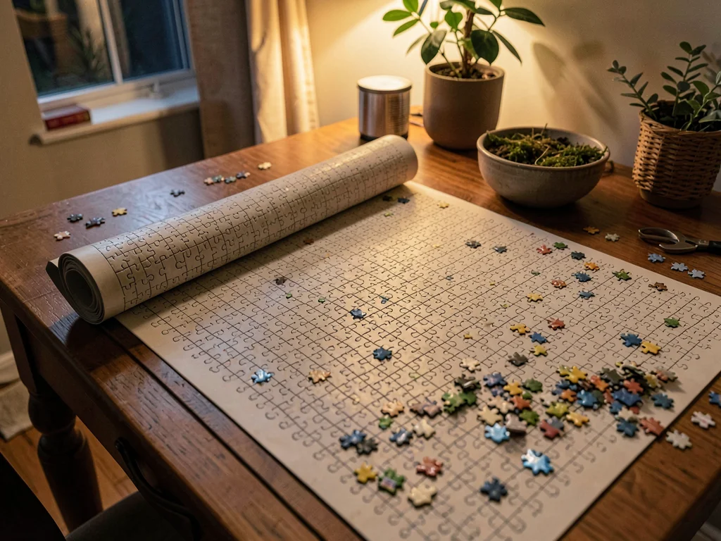 Puzzle mat partially rolled, storing progress overnight, the pause and resume of