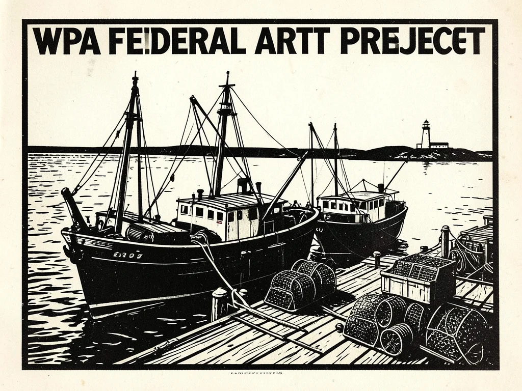 A harbor scene with three fishing trawlers moored at a wooden dock, lobster trap
