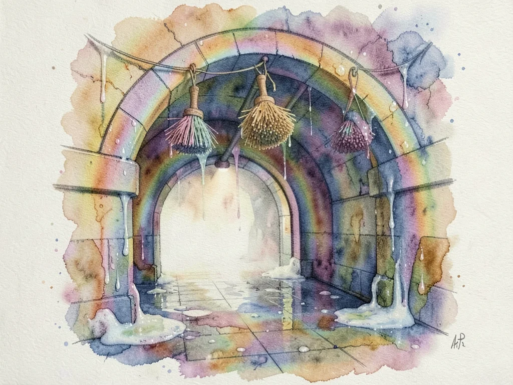 Car wash tunnel entrance with hanging brushes, rainbow soap residue, gum bichrom