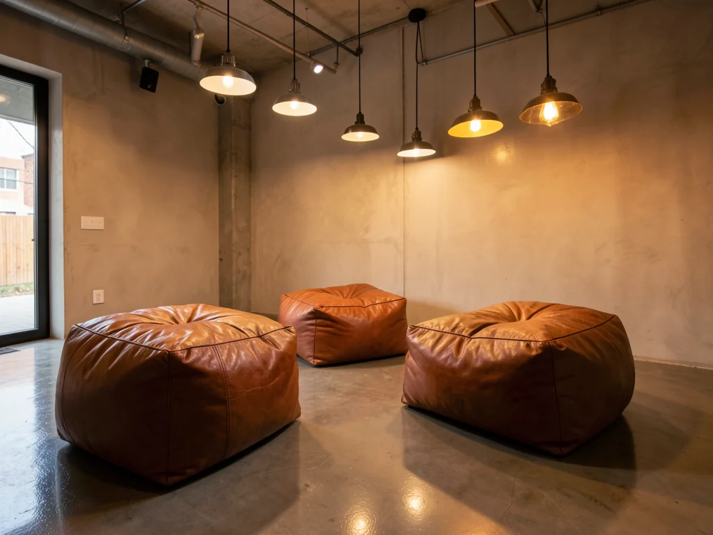 Leather poufs on polished concrete floor, industrial pendant lights, warm tones