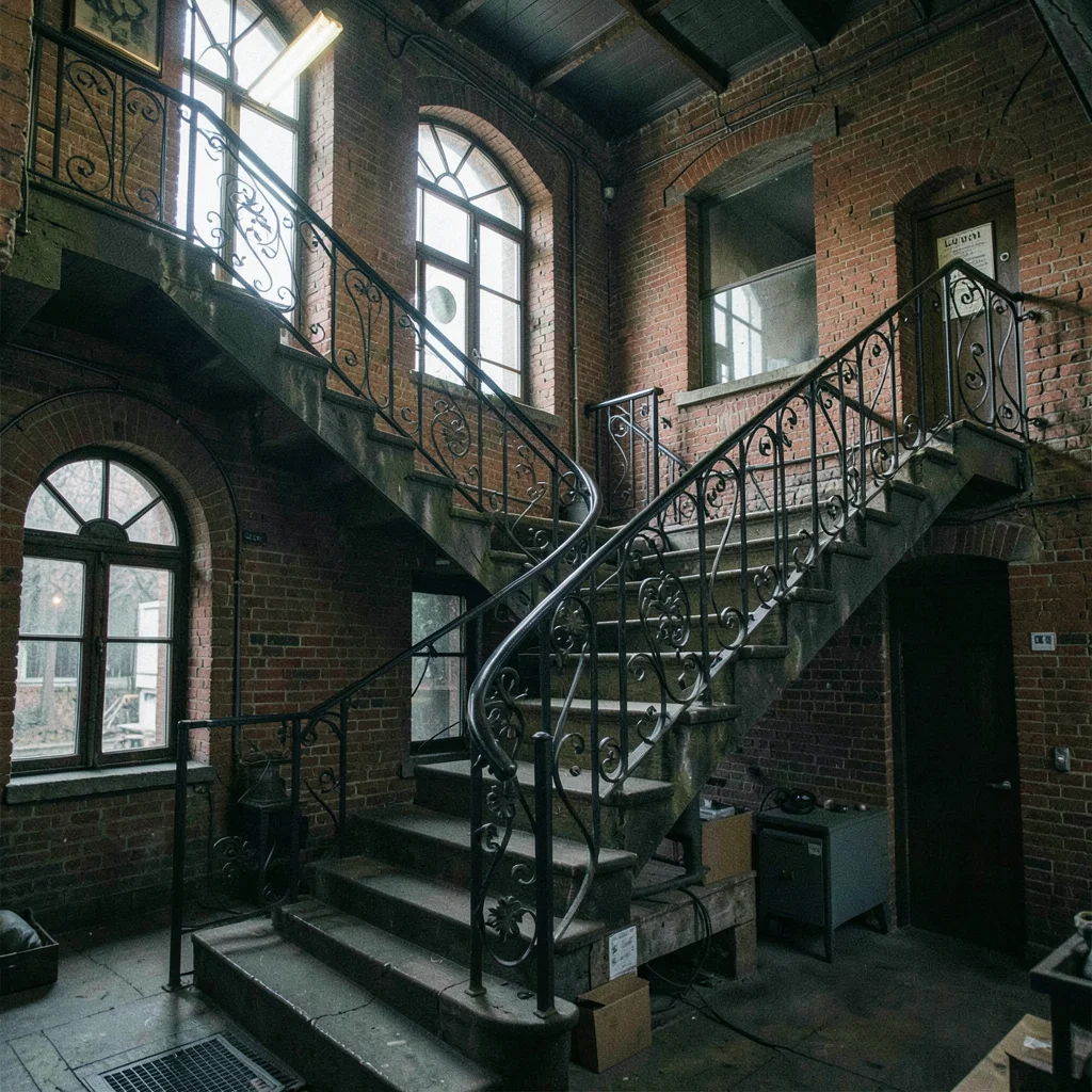 Textile factory ghosts in industrial Łódź, administration building staircase, ar