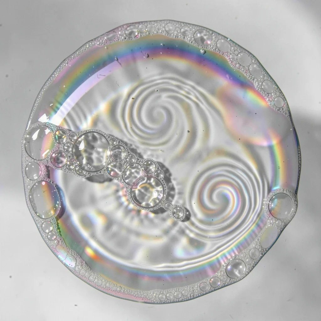 The surface of a soap bubble just before popping, thickness interference pattern