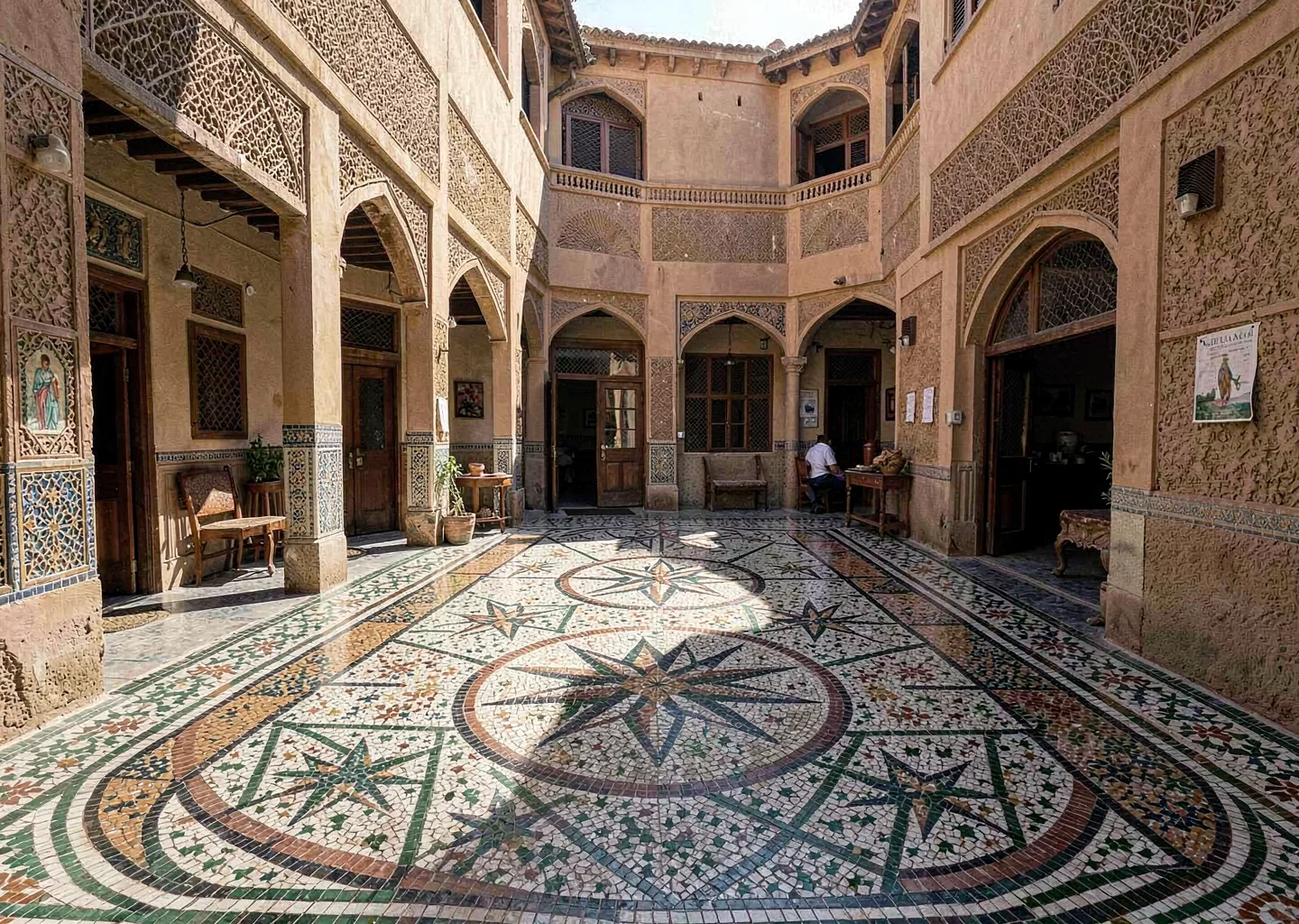 Geometric shadow play in Marrakech medina, morning light through riad courtyard,