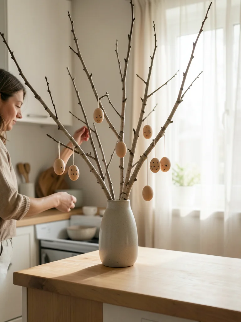 A bright Scandinavian kitchen with a wooden countertop where someone is arrangin
