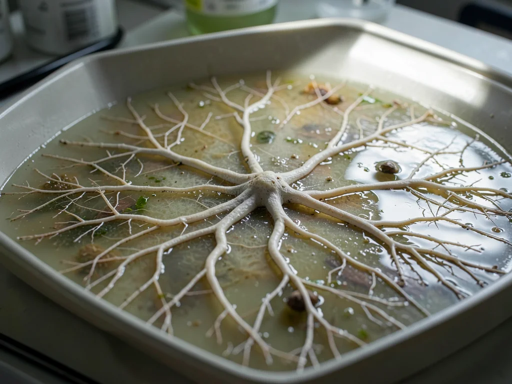 Fungal mycelium network spreading through agar gel, alien branching patterns, la
