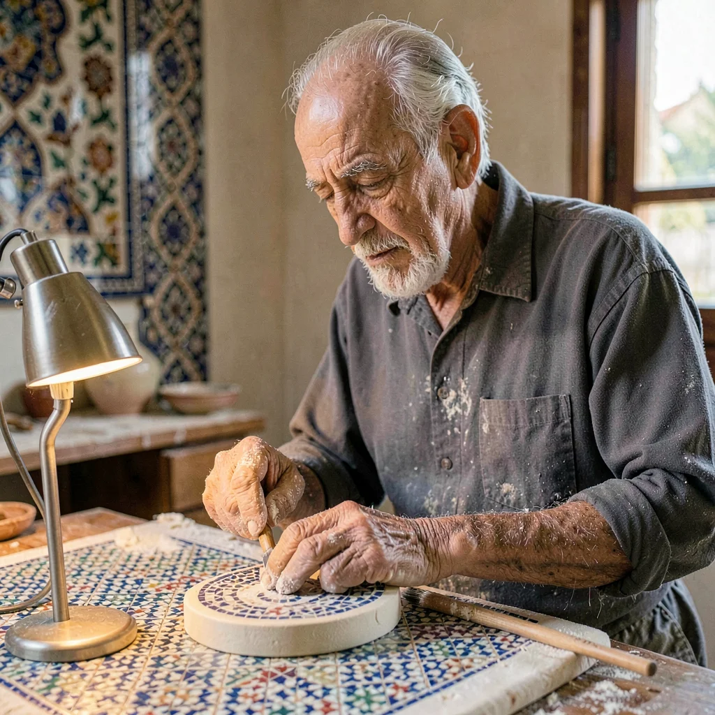 A focused elder Moroccan tile-cutter in his seventies tapping zellige into shape