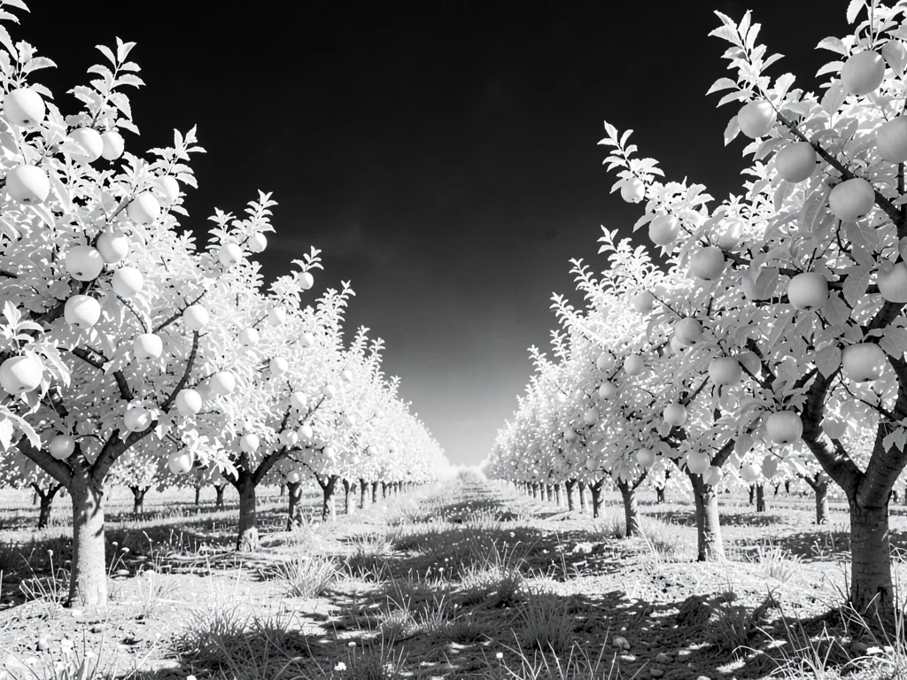 An orchard in summer — apple trees glowing white, fruit rendered as pale spheres