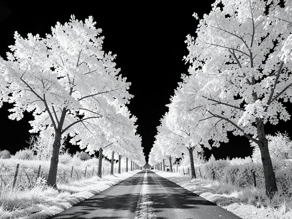 A country road lined with trees, foliage glowing brilliant white under a near-bl